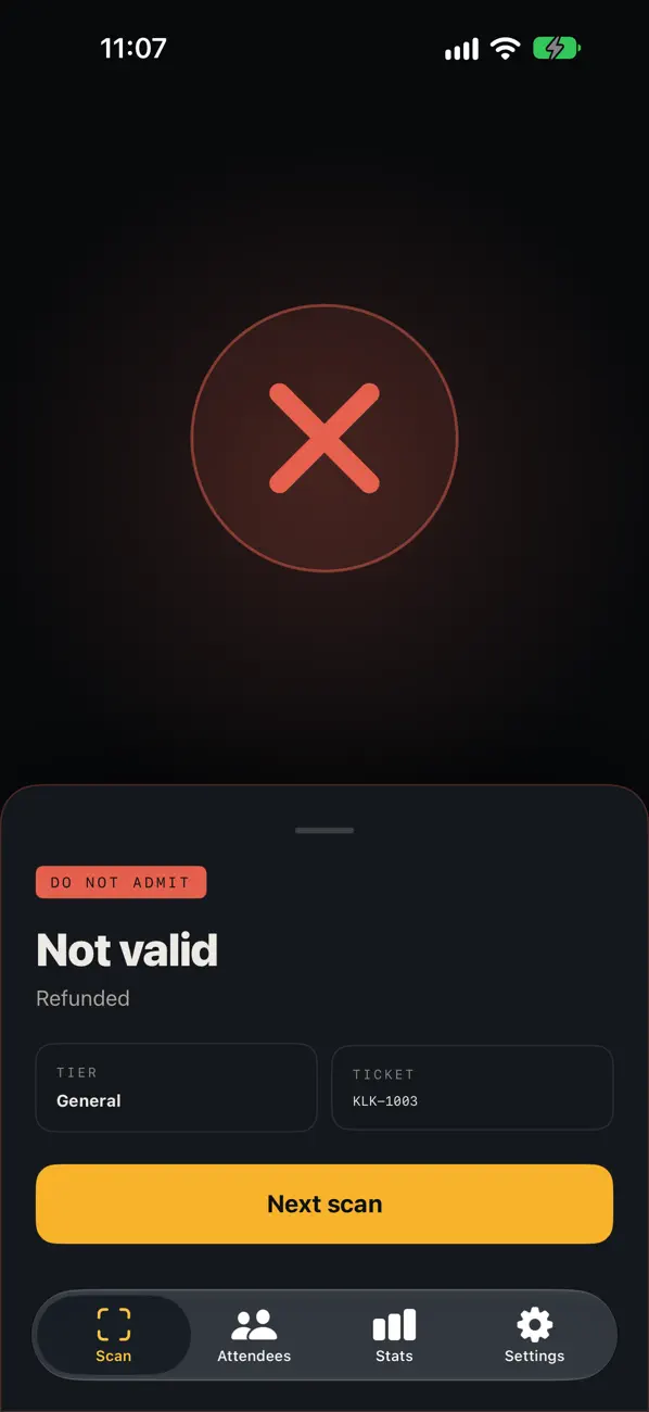 A refunded ticket shown in red as not valid, marked do not admit.